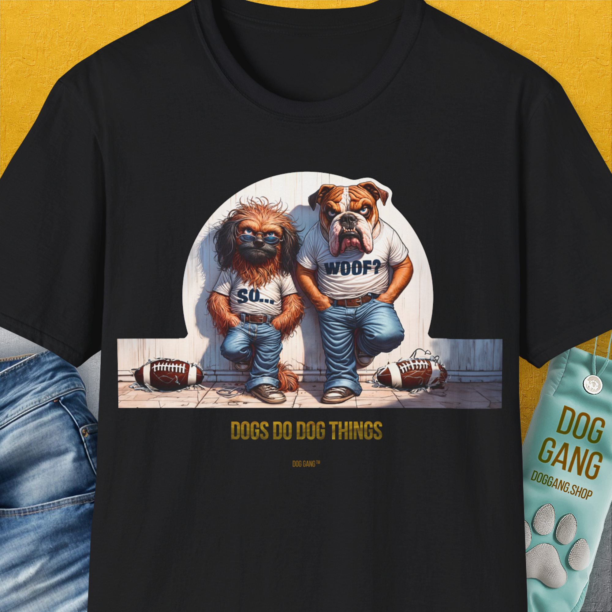 Illustration of two dogs in black T-shirts, each with a shredded football. Text reads DOGS DO DOG THINGS. Funny dog shirt for the playful dog person. Designed by Dog Gang.