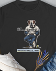 A cartoon dog leans against the wall, text saying, So... Woof? on this funny dog shirt. Designed by Dog Gang.