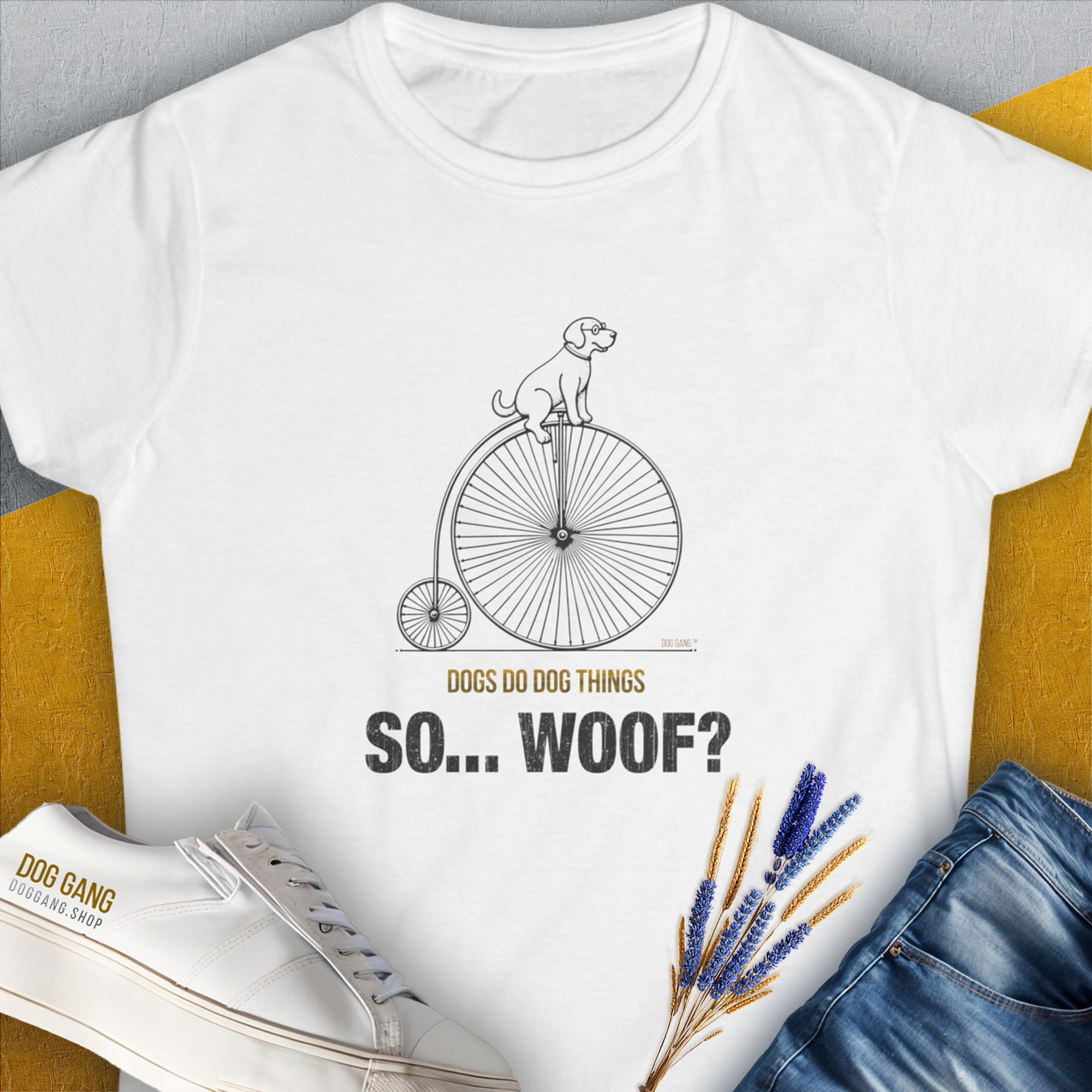 So... Woof? Volume 3, Women's T-Shirt-White. For dog lovers and dog owners. Design by Dog Gang