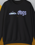 The Dog Gang Minimalistic Series II, Volume 2 features a black unisex sweatshirt with a car-riding dog graphic and dogs text. Designed by Dog Gang.