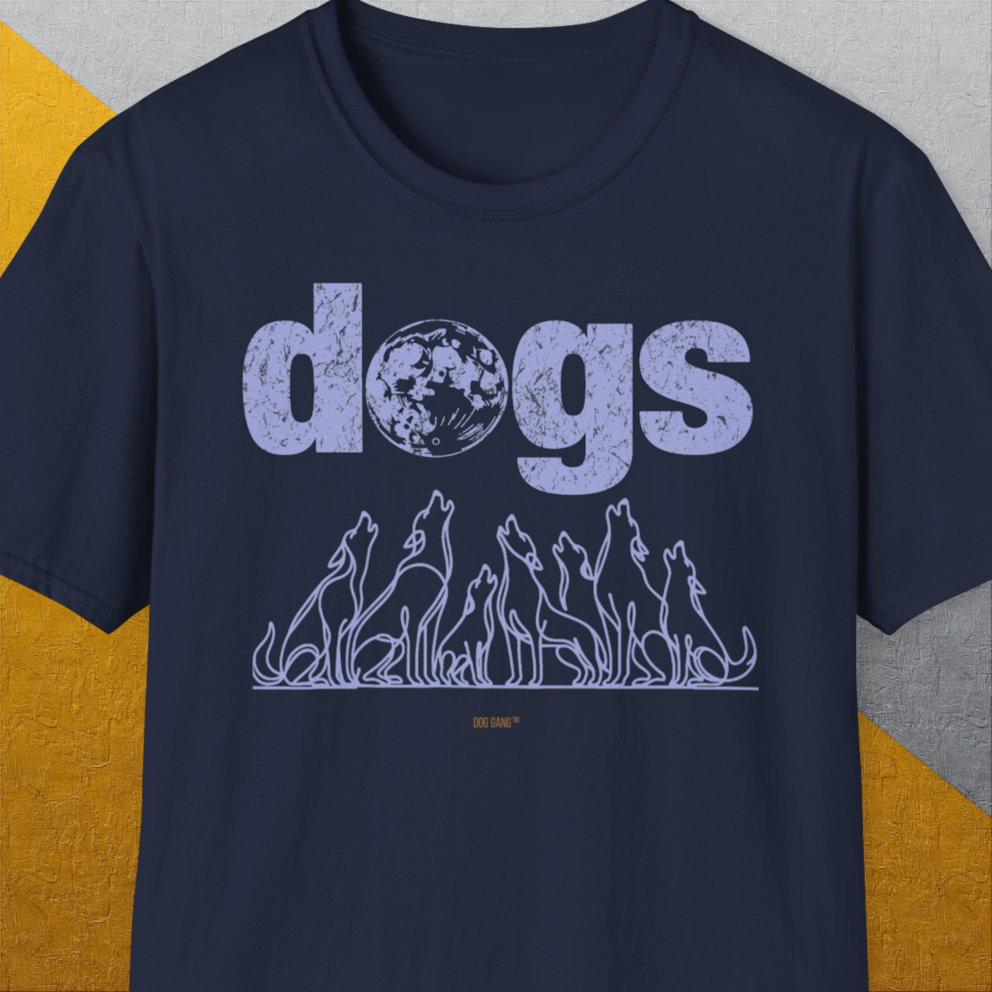 The Dog Gang Minimalistic Series II, Vol. 3 unisex t-shirt features the word dogs with a moon graphic and howling dog silhouettes. A cute dog design crafted from 100% cotton. Designed by Dog Gang.