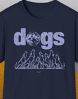 The Dog Gang Minimalistic Series II, Vol. 3 unisex t-shirt features the word dogs with a moon graphic and howling dog silhouettes. A cute dog design crafted from 100% cotton. Designed by Dog Gang.