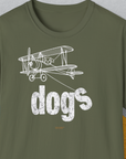 Dog-themed shirt with a vintage biplane flying over the word dogs. Designed by Dog Gang.