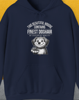 Check out our dog-themed unisex navy hoodie with the funny quote: This Beautiful Hoodie Contains Finest Dog Hair Of Exclusive Quality. Designed by Dog Gang.