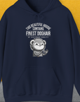 The unisex This Beautiful Hoodie Contains Finest Dog Hair Of Exclusive Quality, Volume 2 in navy features a funny cartoon dog holding some hair and text celebrating dog hair. Designed by Dog Gang.