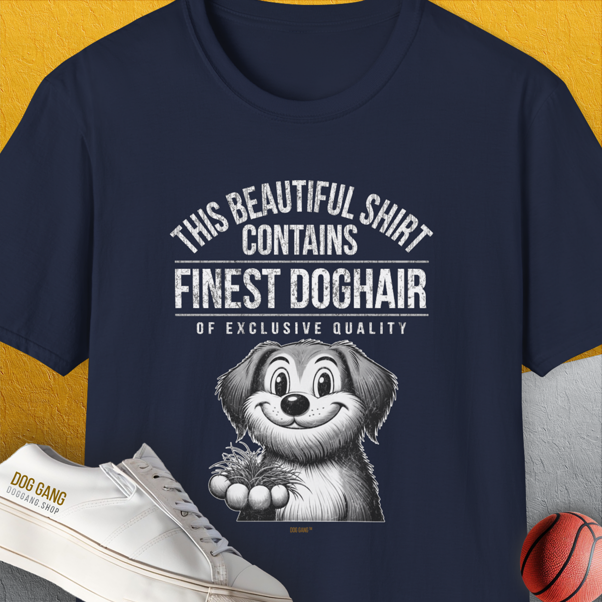 Navy unisex T-shirt with a cartoon dog and whimsical saying: This Beautiful Shirt Contains Finest Dog Hair Of Exclusive Quality, Volume 1. Made from 100% soft-style cotton. Designed by Dog Gang.