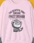 Light pink shirt with cute cartoon dog and saying, This Beautiful Shirt Contains Finest Dog Hair Of Exclusive Quality, Volume 2. Crafted from ethically grown US cotton. Designed by Dog Gang.