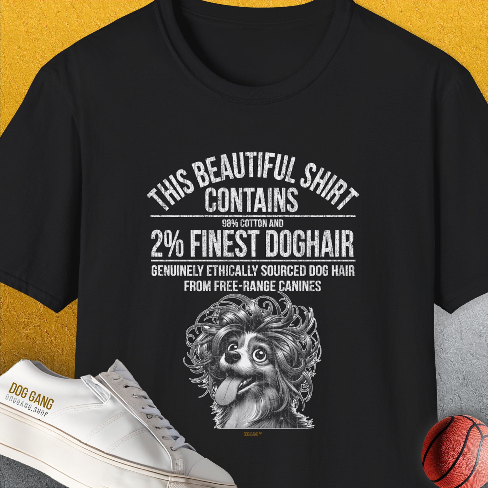 The black unisex T-shirt humorously features the saying This Beautiful Shirt Contains Finest Dog Hair, Volume 4. Crafted from a soft cotton blend, its perfect for any dog owner. Designed by Dog Gang.