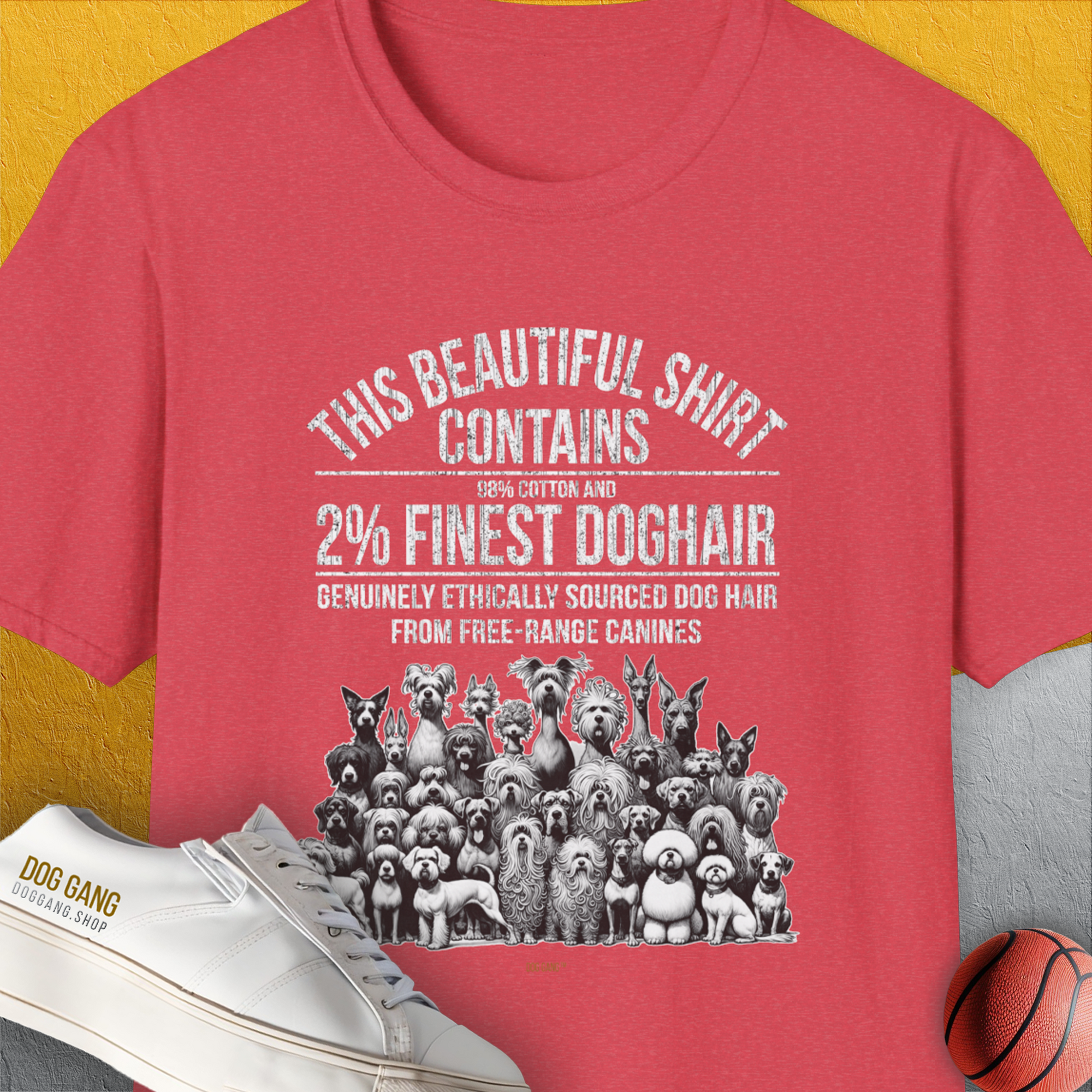This Beautiful Shirt Contains Finest Dog Hair quote on a heather red tee. A funny dog shirt for dog lovers. Designed by Dog Gang.