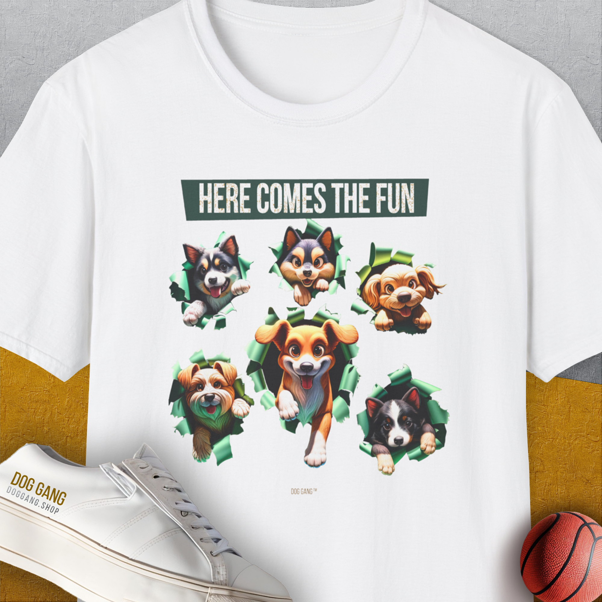 Unleash-Series (Here Comes The Fun), Volume 4, Unisex T-Shirt-White. A perfect gift for dog lovers and dog owners. Design by Dog Gang