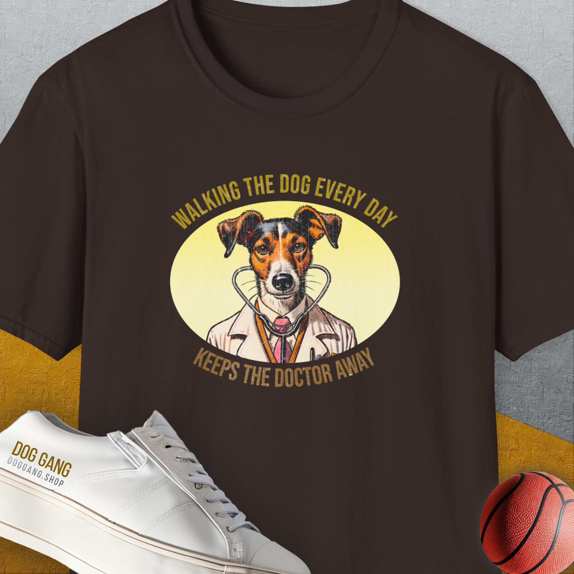 This dark chocolate tee features a playful dog in a Doctor's coat with the quote, Walking The Dog Every Day Keeps The Doctor Away, Volume 2. A perfect funny dog shirt for any dog lover. Designed by Dog Gang.