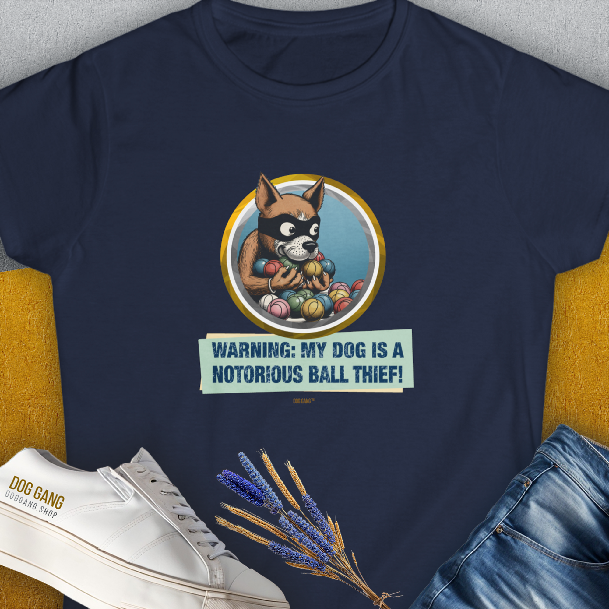 Warning: My Dog Is A Notorious Ball Thief, Volume 1, Women&#39;s T-Shirt-Navy, a cool and stylish design with a funny saying from Dog Gang