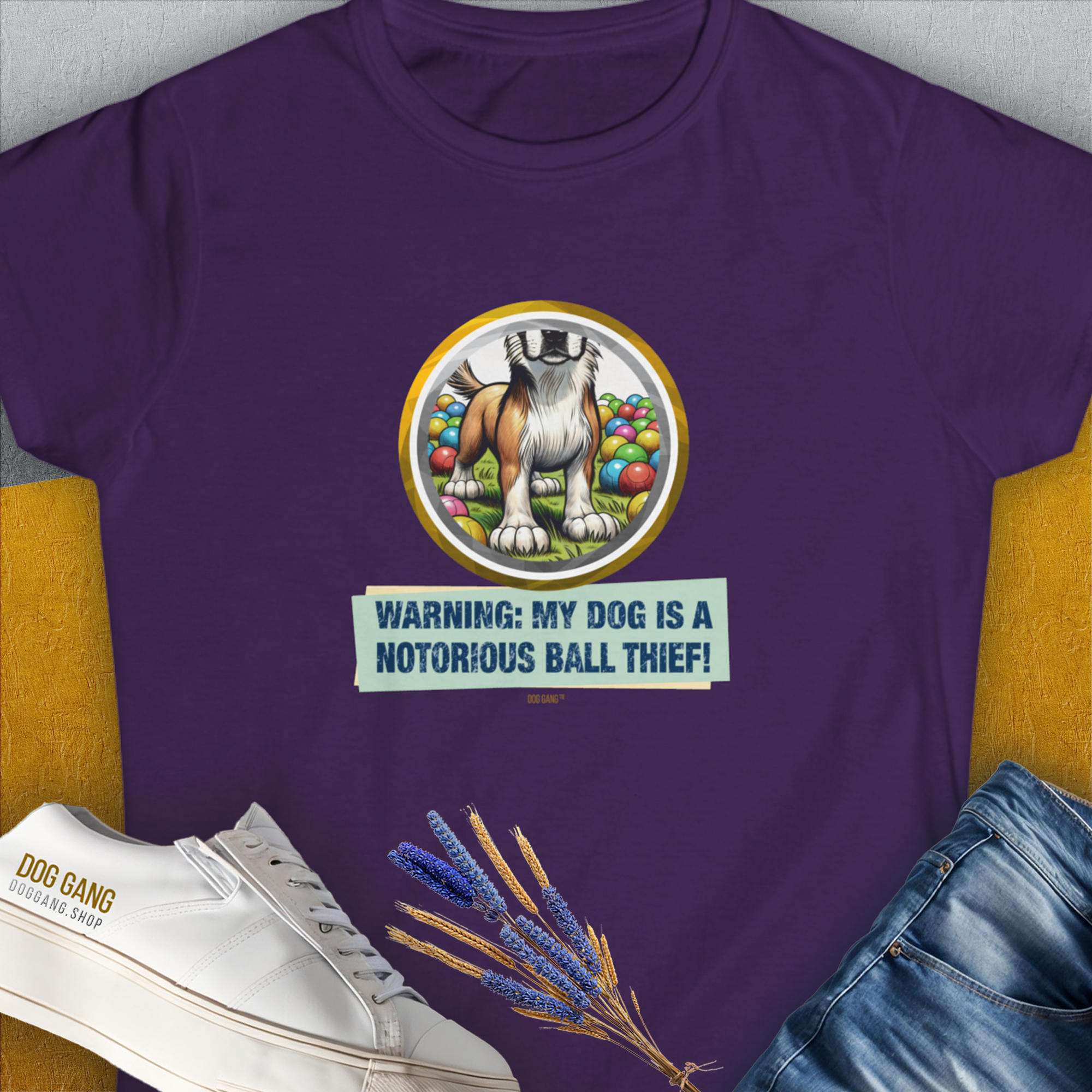 Warning: My Dog Is A Notorious Ball Thief, Volume 2, Women&#39;s T-Shirt-Purple, a cool and stylish design with a funny saying from Dog Gang
