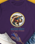 Purple Watchdog Society Series, Volume 1 Womens T-Shirt features an alert dog looking over the fence. For every dog ​​lover. Designed by Dog Gang.