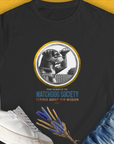 This vintage design on a black womens t-shirt showcases an illustrated dog with the saying "Member of The Watchdog Society", Volume 3 from the popular series. Perfect for a dog lover. Designed by Dog Gang.
