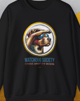 Funny dog shirt with a cool dog in sunglasses looking into the distance. Features the phrase: Watchdog Society: Serious About Our Mission. Designed by Dog Gang.