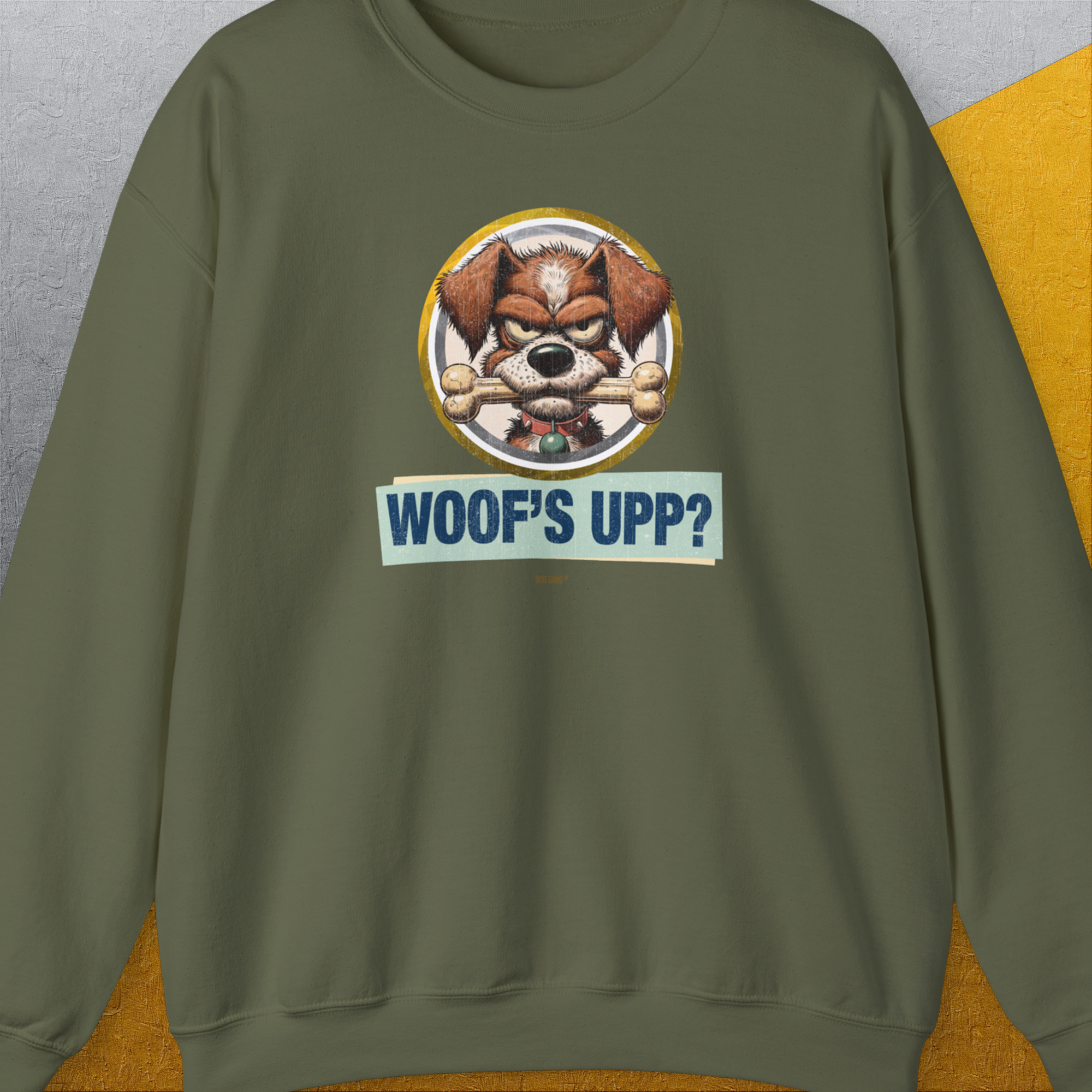 Woof&#39;s Upp? Volume 2, Unisex Sweatshirt-Military Green, Design by Dog Gang