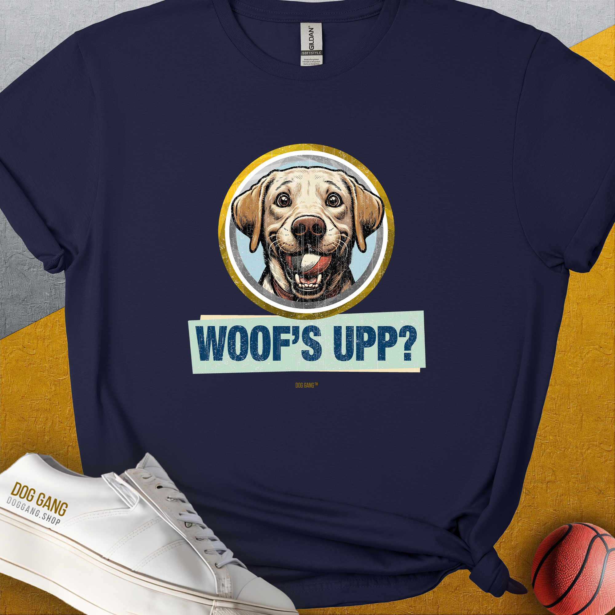 Unisex navy cotton blend T-shirt features a funny dog design with the phrase Woofs Upp? Volume 3 and a playful dog paired with a small basketball. Designed by Dog Gang.