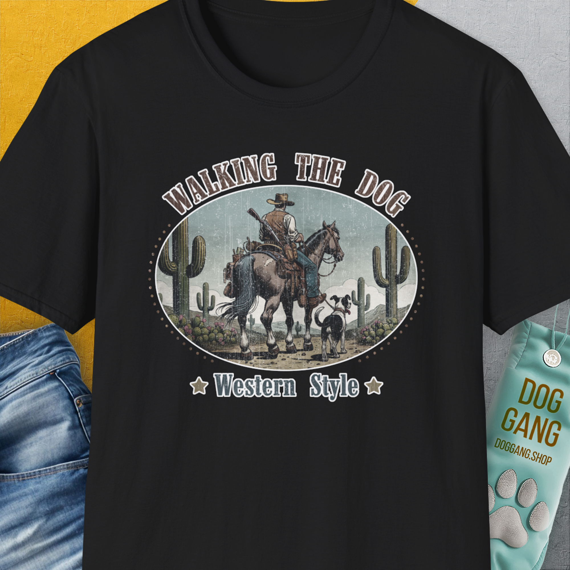 Walking The Dog, Western Style, Volume 2, Unisex T-Shirt-Black, Design by Dog Gang
