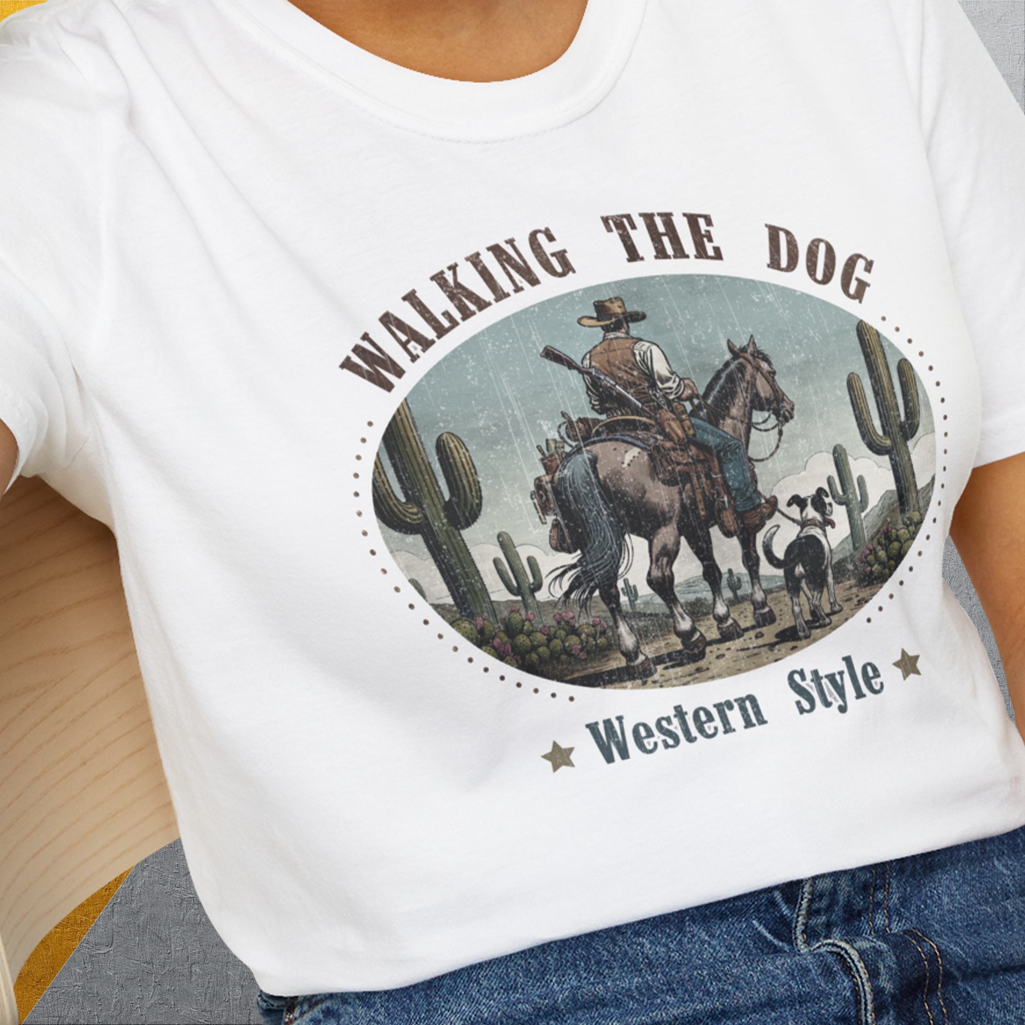 Walking The Dog, Western Style, Volume 2, Unisex T-Shirt-. A perfect gift for dog lovers and dog owners. Design by Dog Gang