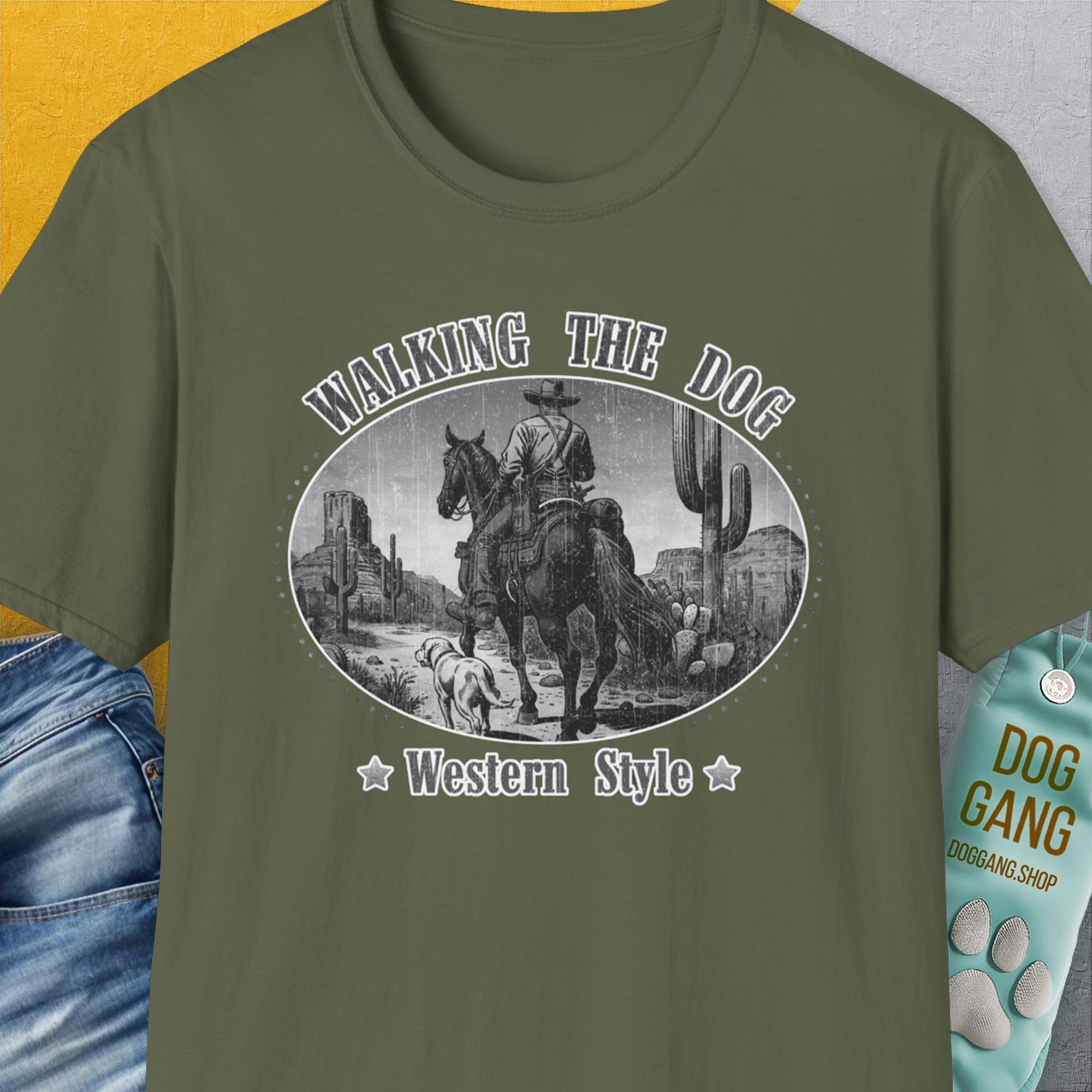 Walking The Dog, Western Style, Volume 3, Unisex T-Shirt-Military Green, Design by Dog Gang
