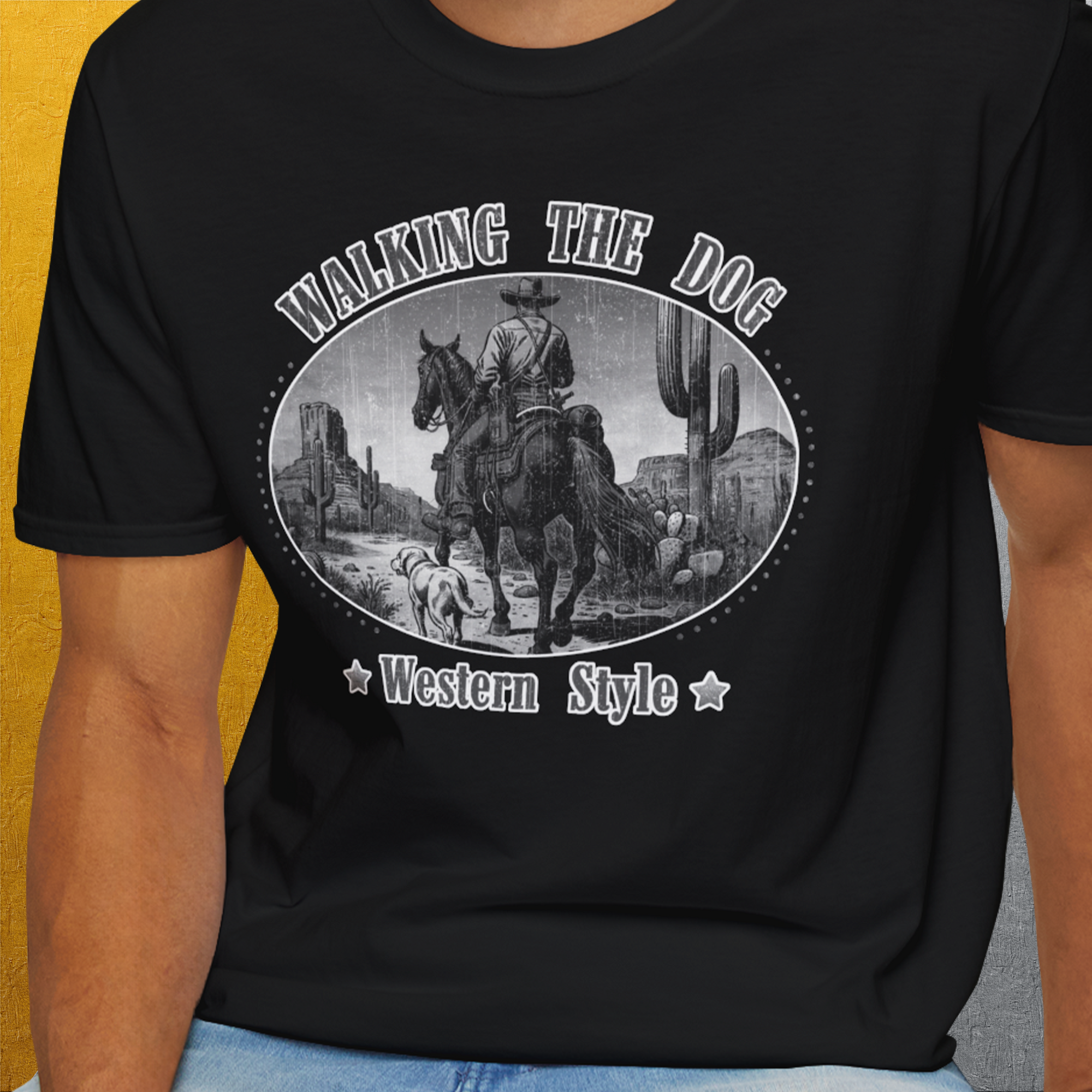 Walking The Dog, Western Style, Volume 3, Unisex T-Shirt-. For dog lovers and dog owners. Design by Dog Gang