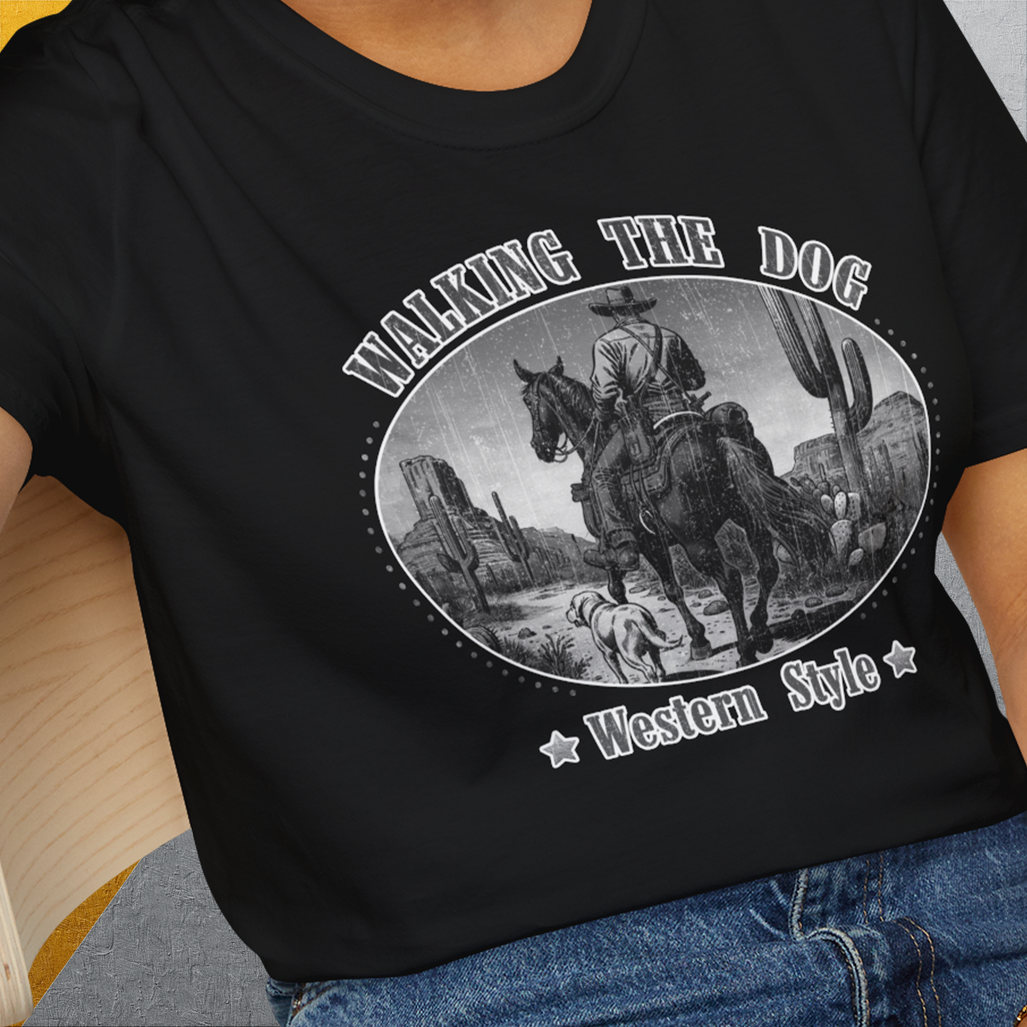 Walking The Dog, Western Style, Volume 3, Unisex T-Shirt-, a fun and stylish design for dog lovers from Dog Gang