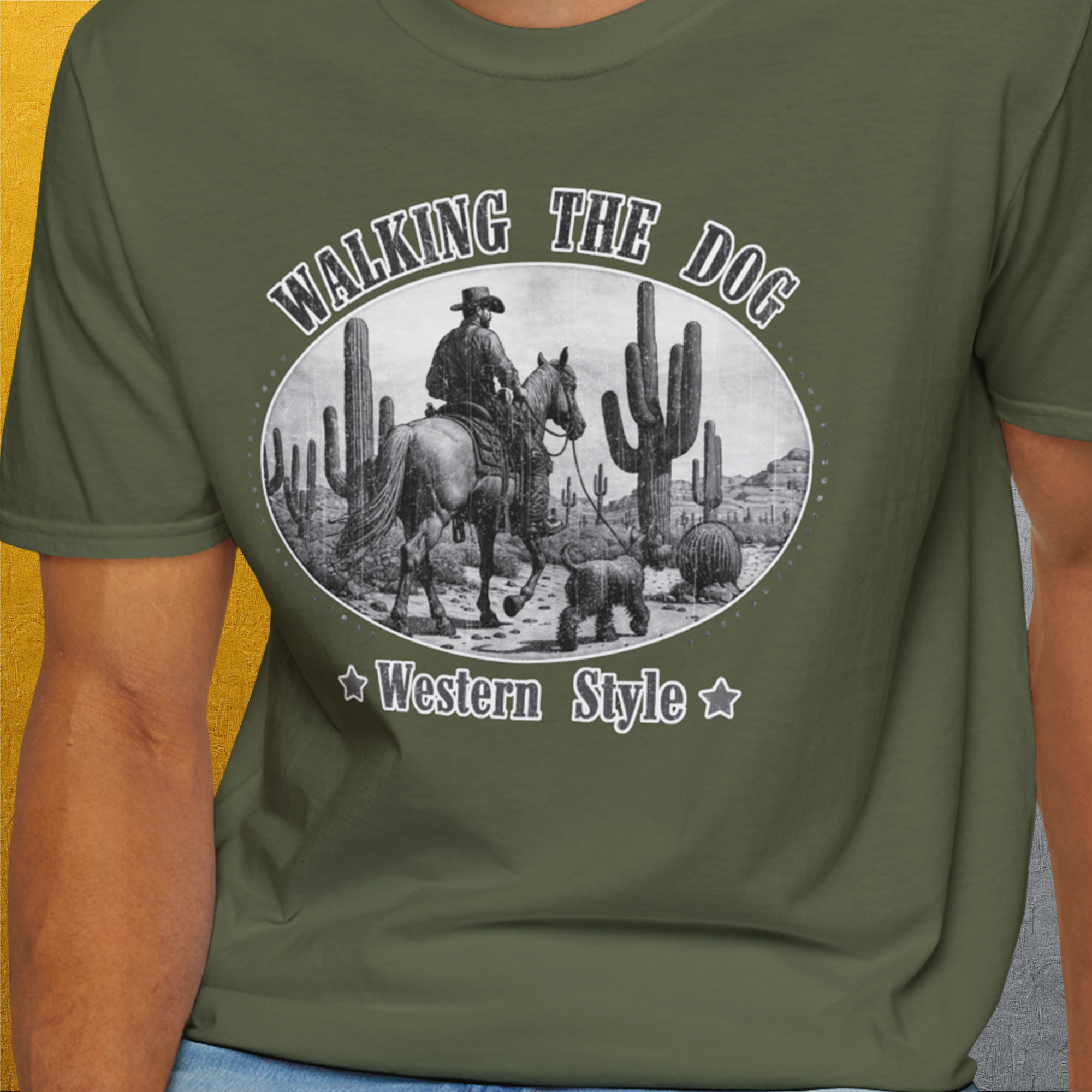 Walking The Dog, Western Style, Volume 1, Unisex T-Shirt-. For dog lovers and dog owners. Design by Dog Gang