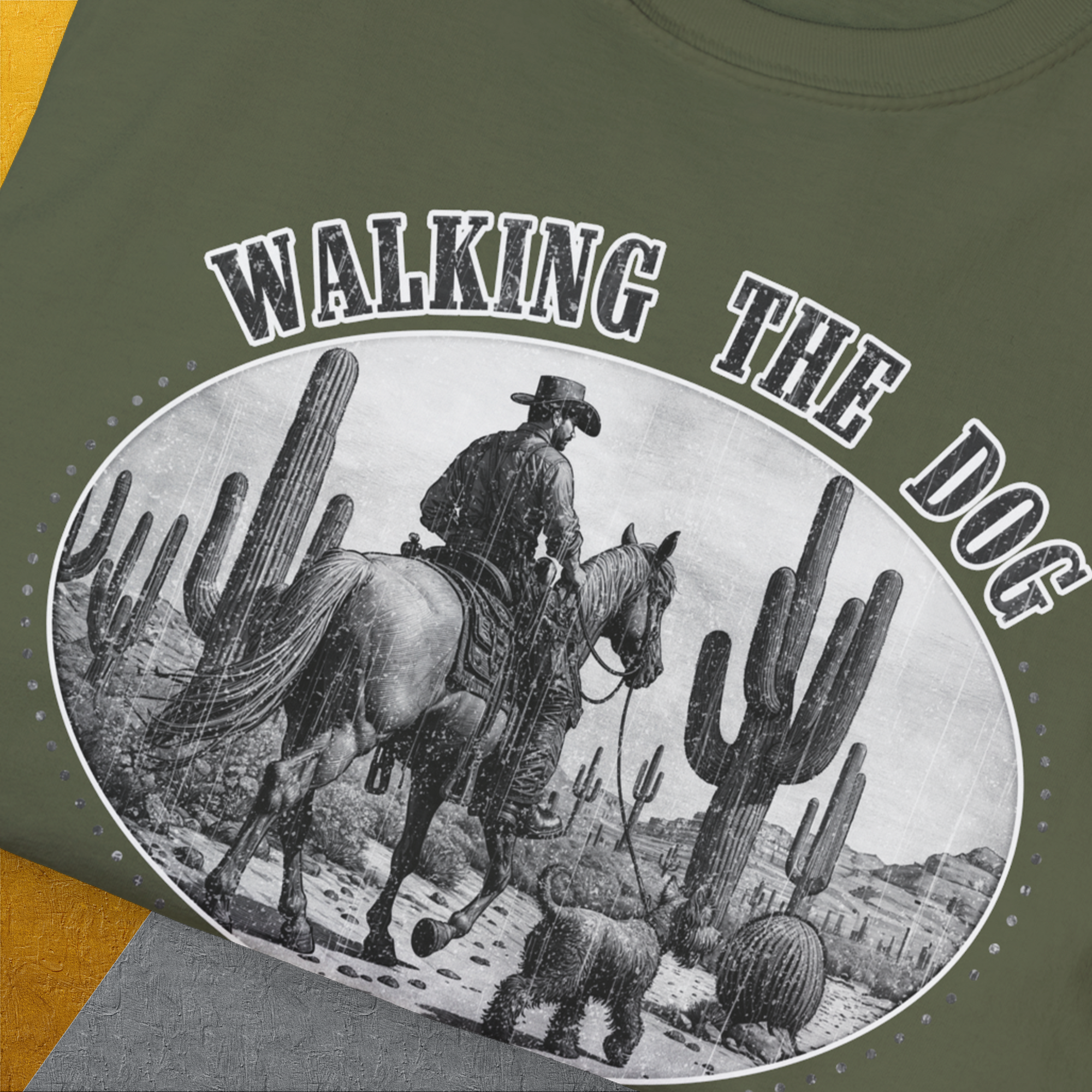Walking The Dog, Western Style, Volume 1, Unisex T-Shirt-. A dog-themed Design from Dog Gang